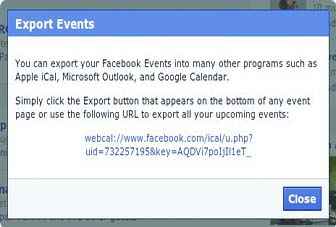 Facebook pop-up with the calendar URL